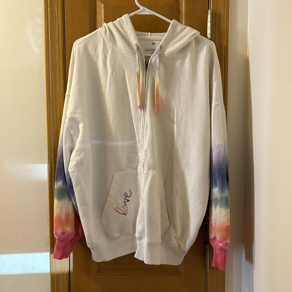So Lounge Life oversized Hoodie Size L White Rainbow Tie Dye Zip Up